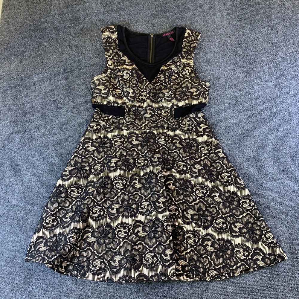 Material Girl Mini Dress Womens Large Black Beige Lace Overlay Cutout Back Zip